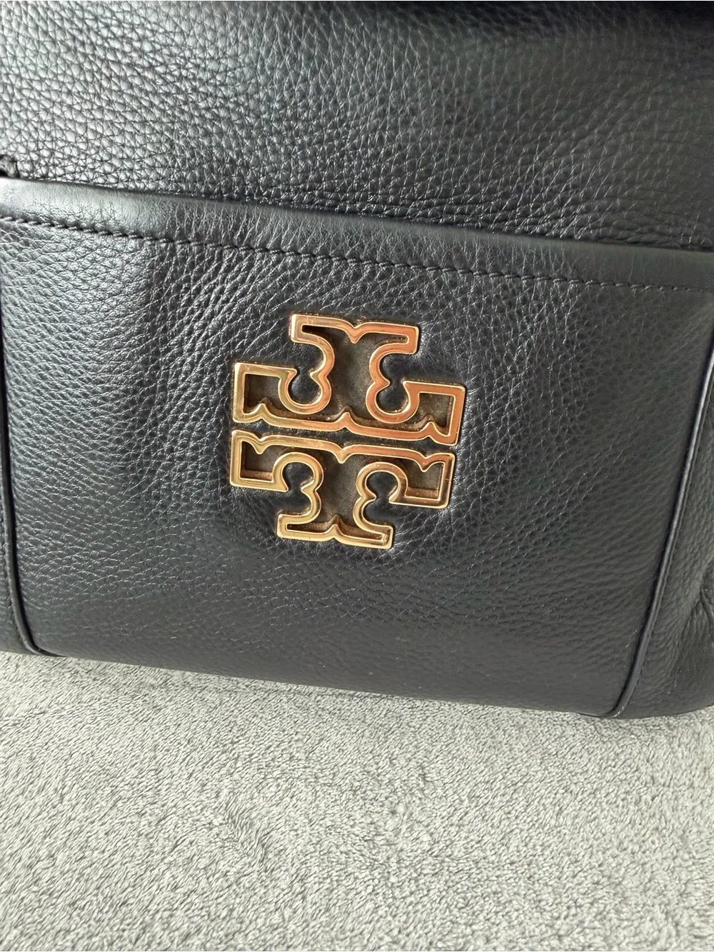 Tory Burch Black Pebbled Leather Logo Drawstring Backpack with Gold Hardware